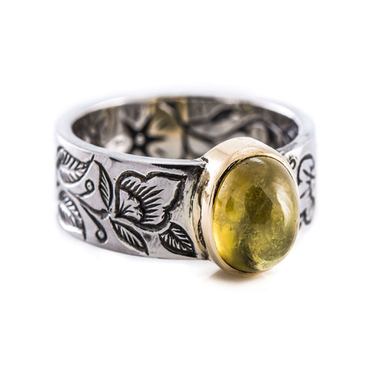 Gravierter Turmalin Cabochon Ring 925/18kt
